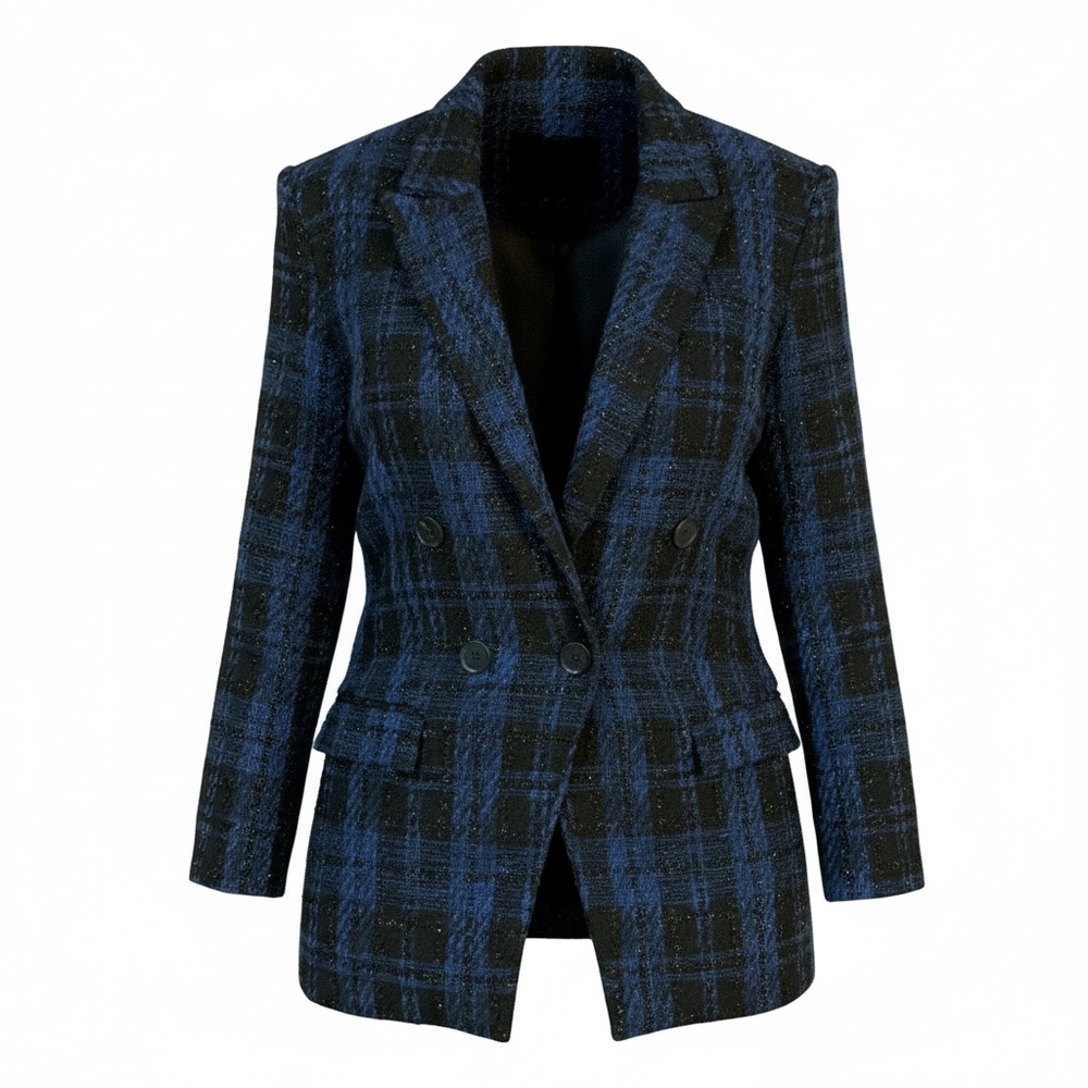 Elegant Plaid Glitter Blazer in Blue & Black – Classic Tailored Fit